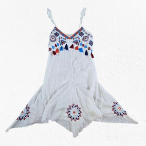 AREA Stars White Embroidered Tassel Boho Hi Low Dress Cotton Size Medium NWT